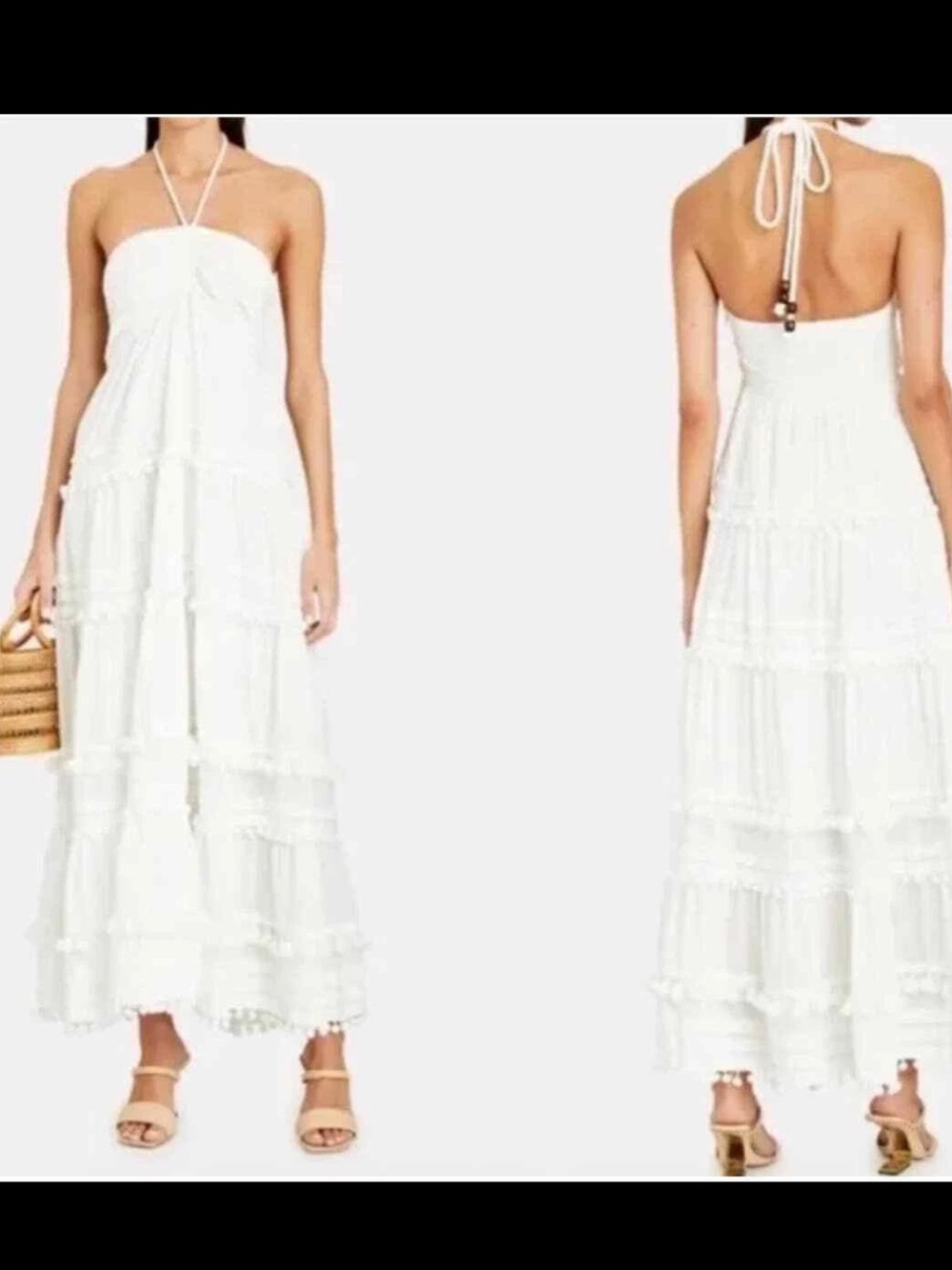 Beachclub Intermix Lydia Halter Pompom Organic Cotton Maxi Dress M